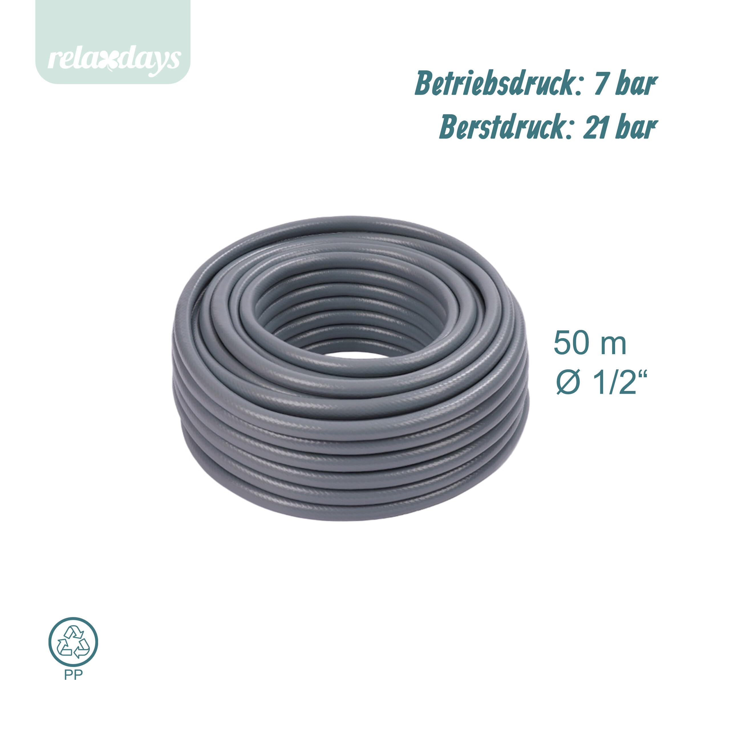 Relaxdays Gartenschlauch, 50 m, universeller Wasserschlauch 1/2", UV- & wetterfest, Gewebeschlauch Garten, PP, grau