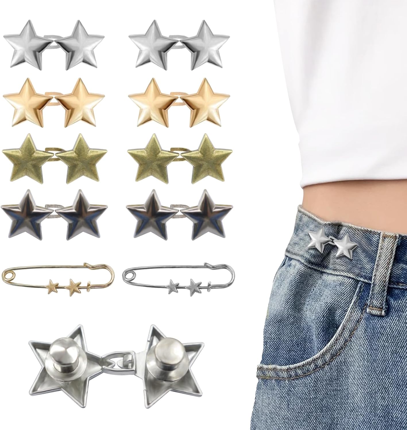 10 Set Pant Waist Tightener Star Buttons Pins for Loose...