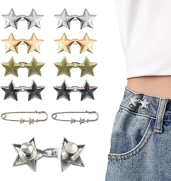 10 Set Pant Waist Tightener Star Buttons Pins for Loose Jeans Reusable Waist Cincher Clip Metal Star Brooch for Clothing Dresses Skirts No Sewing Decoration Accessories, Metal