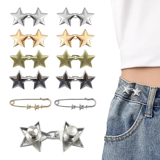 10 Set Pant Waist Tightener Star Buttons Pins for Loose Jeans Reusable Waist Cincher Clip Metal Star Brooch for Clothing Dresses Skirts No Sewing Decoration Accessories