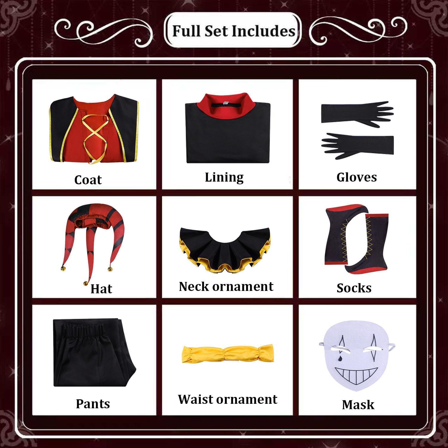 Personaggio del Gioco Pierrot Cosplay Costume Vestito Gioco di Ruolo Uniforme Set Completo Halloween Carnevale Festa Dress Up Suit con Cappello Mascherina per Uomo