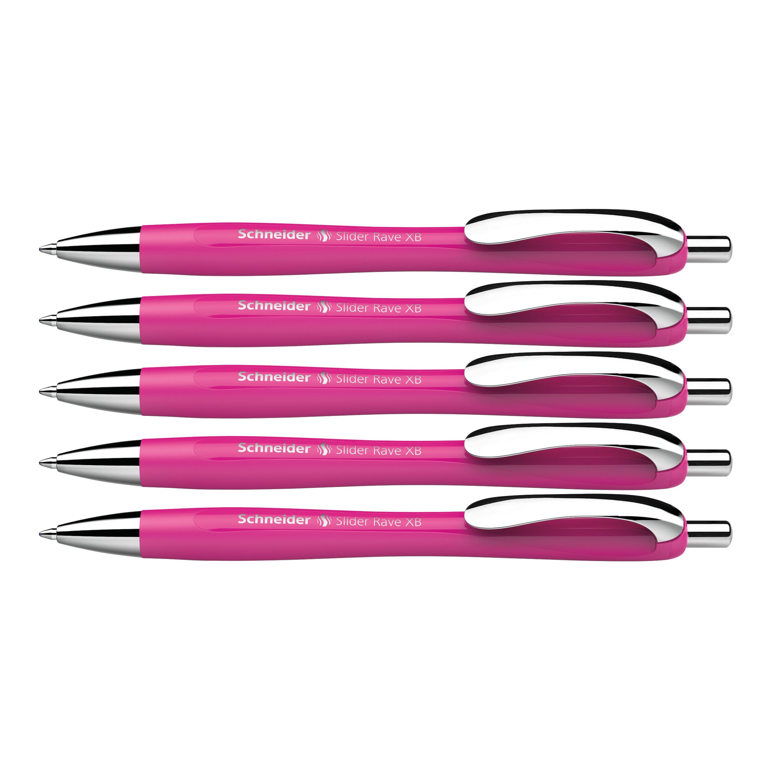 Schneider® Stylo à bille Slider Rave Colors, XB (extra large), rechargeable et rétractable, 1,4 mm, corps Power Pink, encre bleue, boîte de 5 stylos (132509)
