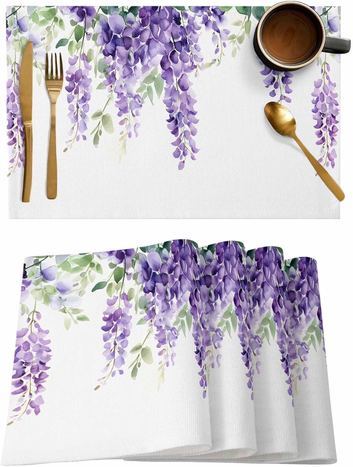 Wisteria Flower Placemats Set of 8 Watercolor Purple Floral Blossom Leaf Rustic 13x19 Inch Washable Non Slip Linen Table Mats, Rustic Summer Placemats for Dining Table Party Kitchen Decor