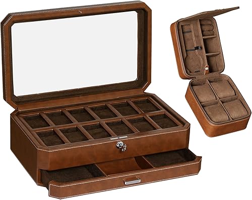 Juego de regalo Caja de reloj de cuero con 12 ranuras con cajón de valet y funda de viaje para 5 relojes a juego, organizador de exhibición de