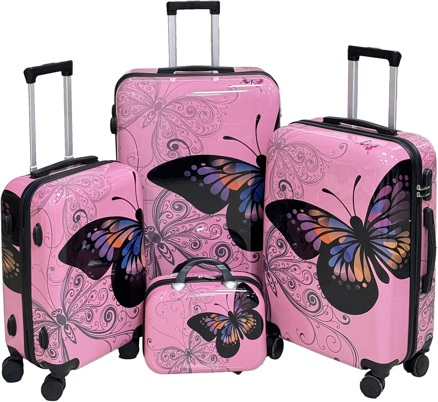 Luggage Set 4-Piece ABC Polycarbonate Hard-Shell Suitcases with Dual-Directional Spinner Wheels Luggage Set (14-inch/20-inch/24-inch/28-inch) Butterfly Travel Luggage Set (Pink)