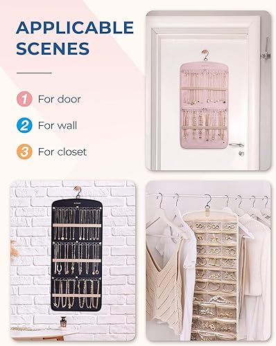 Miniatura 19 de BAGSMART Organizador colgante de joyas, soporte para collares, aretes y anillos, con 20 bolsas de joyería, rollo de almacenamiento de viaje con Negro
