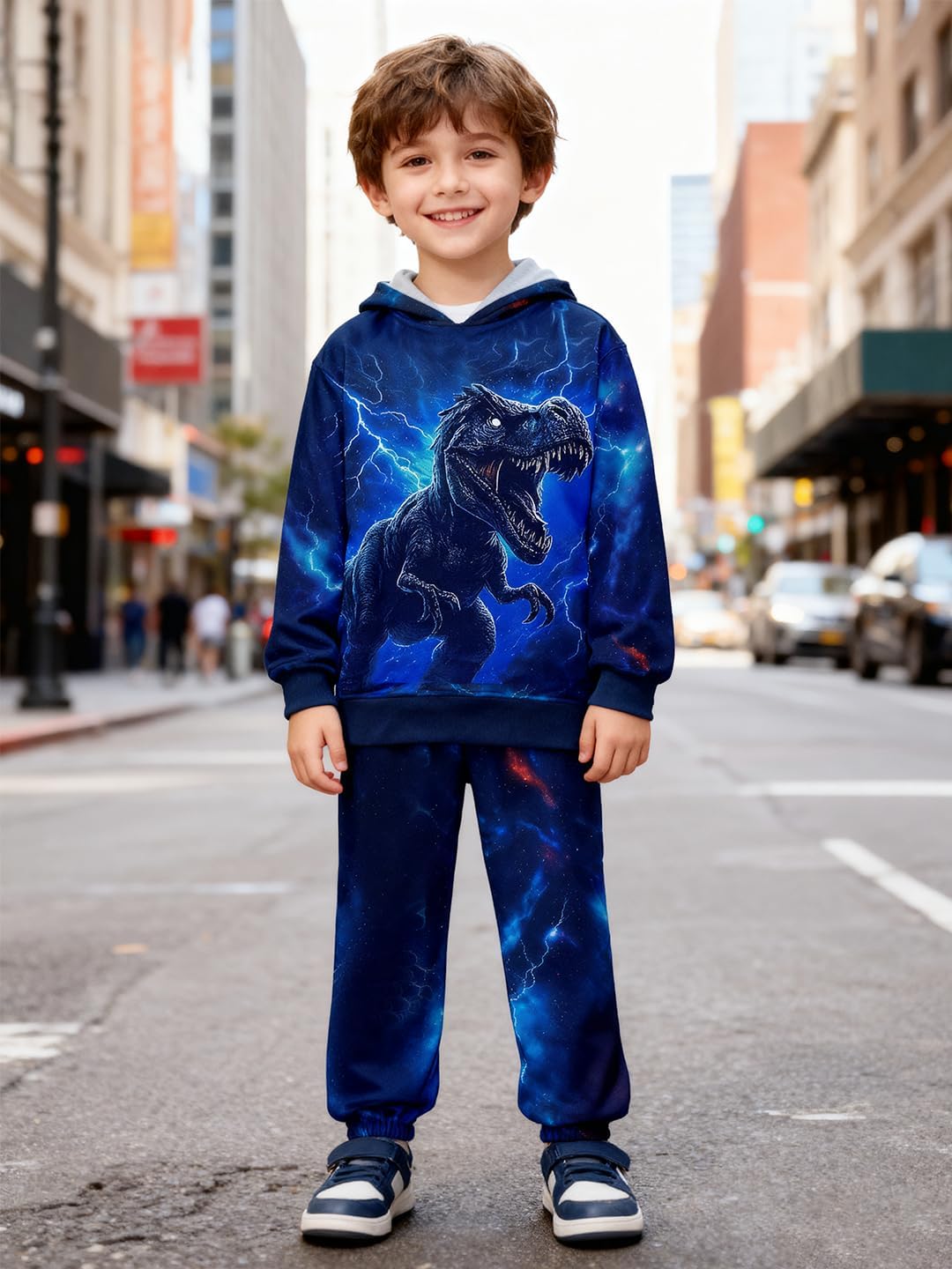 Boy Clothes Long Sleeve Lightning T-Rex Dinosaur Print Hoodie Sweatshirt Cool Pants 2pcs Fall Outfits Set - Image 2