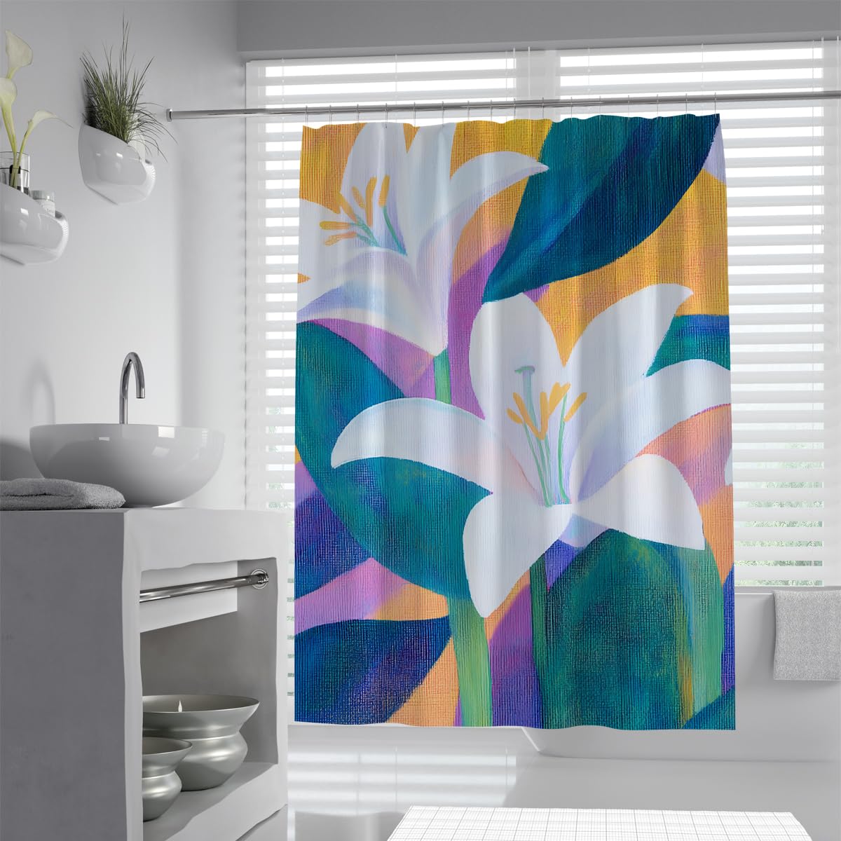 UIRINGART Modern Abstract Lily Shower Curtain W200xL220cm Big White Floral Teal Yellow Block Mildew Resistant Water Repellent Shower Screen With Hooks