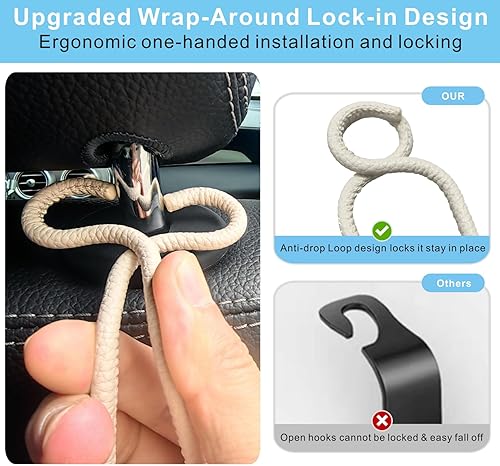 Miniatura 3 de Paquete de 2 ganchos organizadores para respaldo de asiento de automóvil, ganchos para reposacabezas de automóvil que ahorran espacio con lazo Cuero
