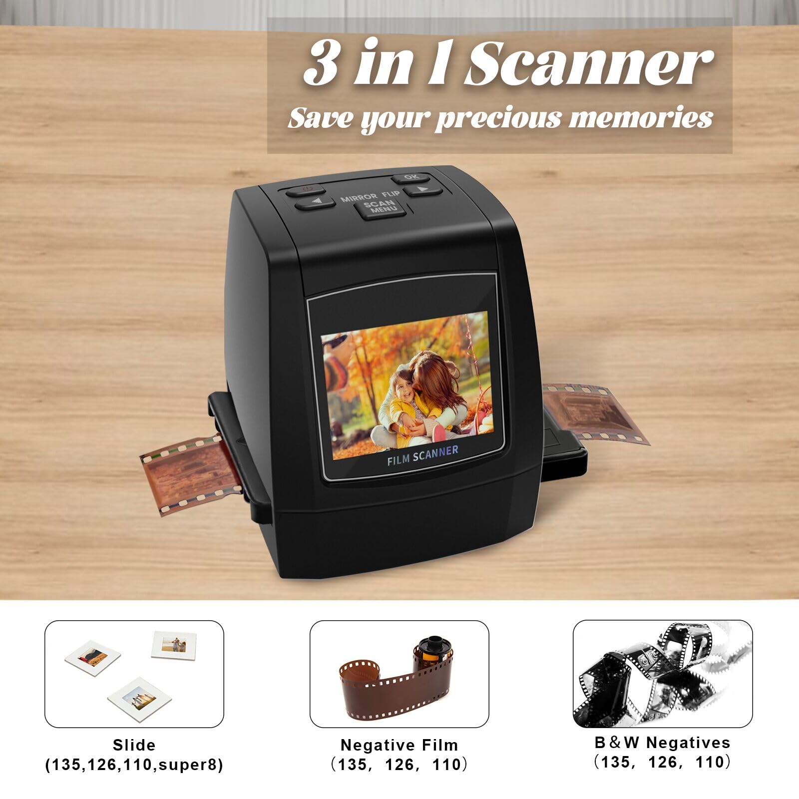 Digitaler Mini-Scanner für Filme und Dias, konvertiert Negative und Dias aus 35 mm, 126, 110, Super 8 und 8 mm Filmen in 22-Megapixel-JPEG-Bilder, 2,4-Zoll-LCD-Bildschirm