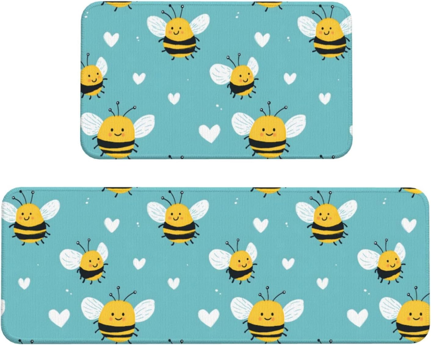 Cute Bee Heart Print Kitchen Rugs Sets of 2 Non Slip Washable, Anti Fatigue Kitchen Mats for Floor, Home Decor