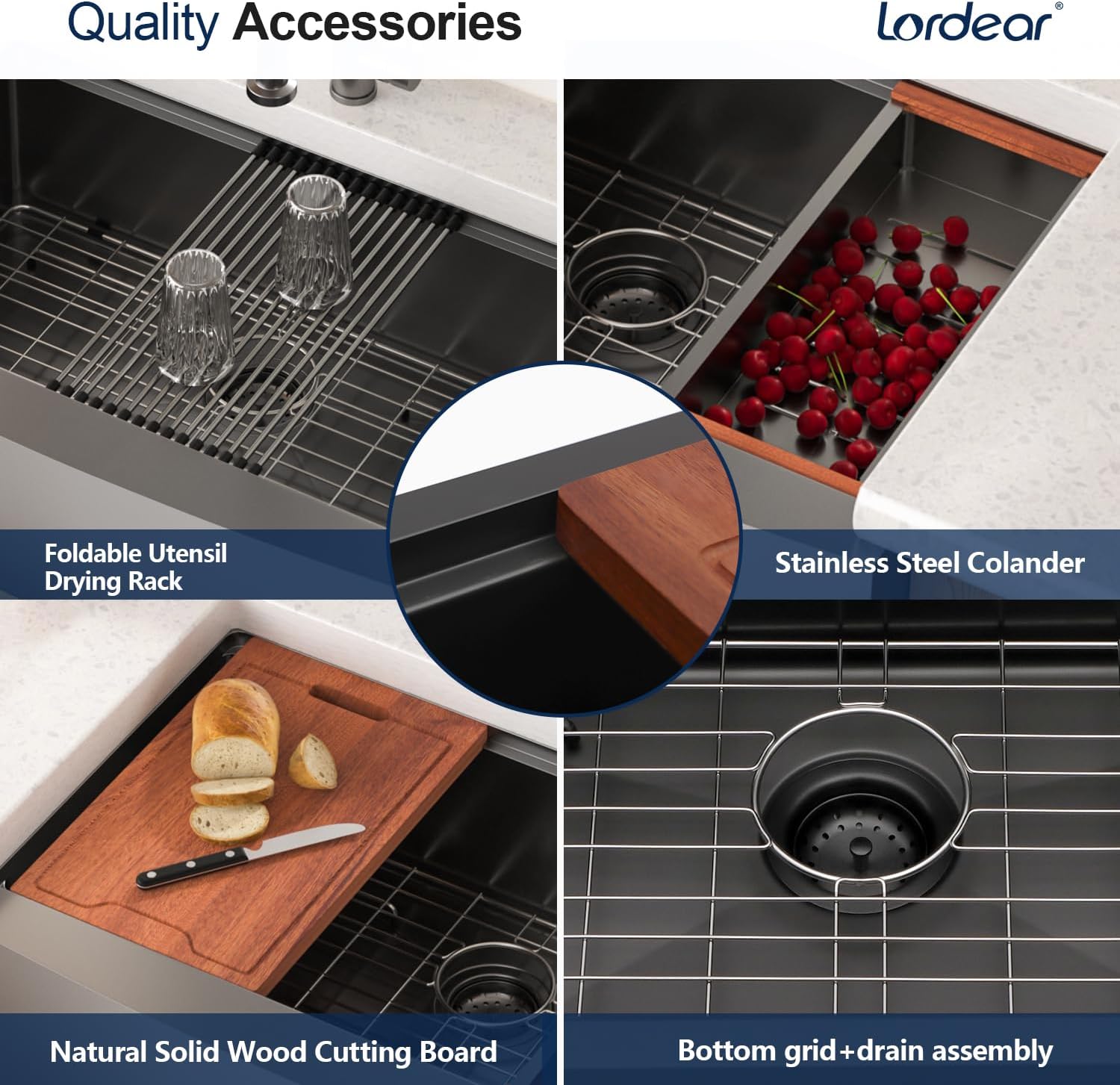 Lordear 33 Black Kitchen Sink 33 x 22 Apron Front Farmhouse Sink Gunmetal Black Stainless Steel 16 Gauge Single Bowl Ledge Workstation Farm Sink Basin, 9" Apron Height