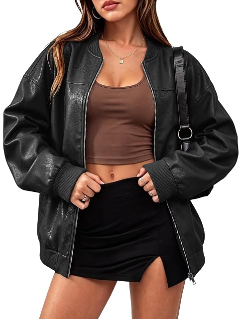 UEAL UEAL Womens Oversized Faux Leather Bomber Jacket Fall Fashion S Black