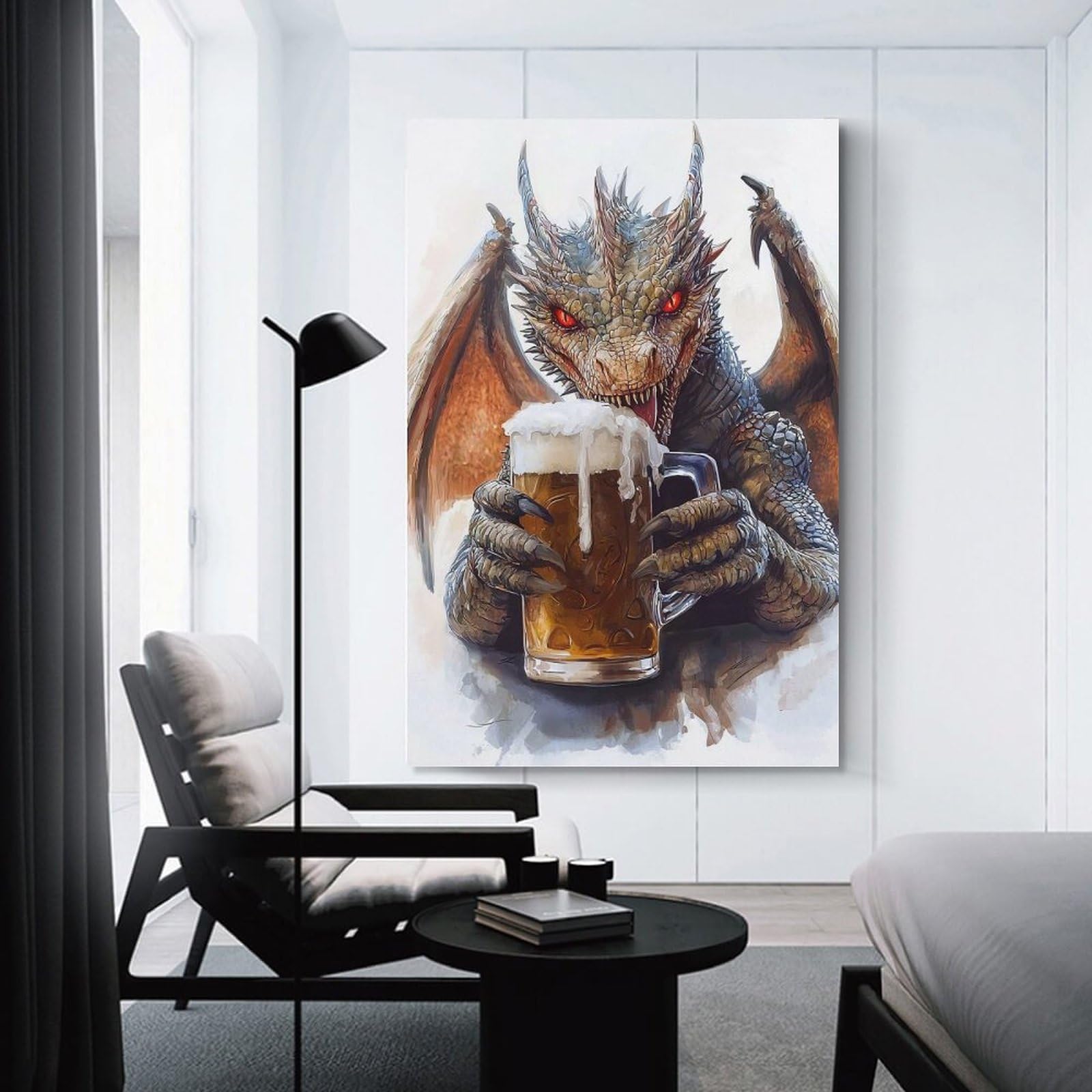 Junmoney Wall Picture Print Dragon Drinking Beer, 16x24inch(40x60cm), for Wall Displays, Bedrooms Or Room Updates, Wall Decor Suited to Curated Displays