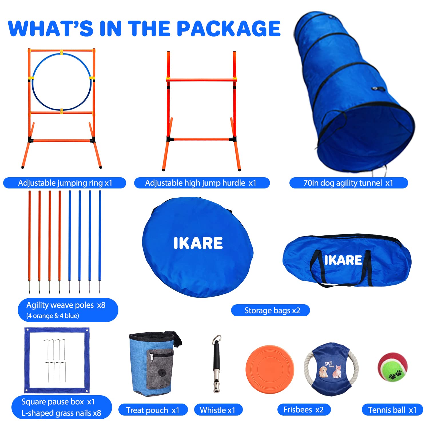 IKARE Dog Agility Training Equipment Pet Obstacle Course Training Starter Kit for Outdoor/Indoor with 70" Tunnel, Adjustable Hurdles, Jumping Ring, Weave Poles, Frisbee, Treat Pouch, Pause Box