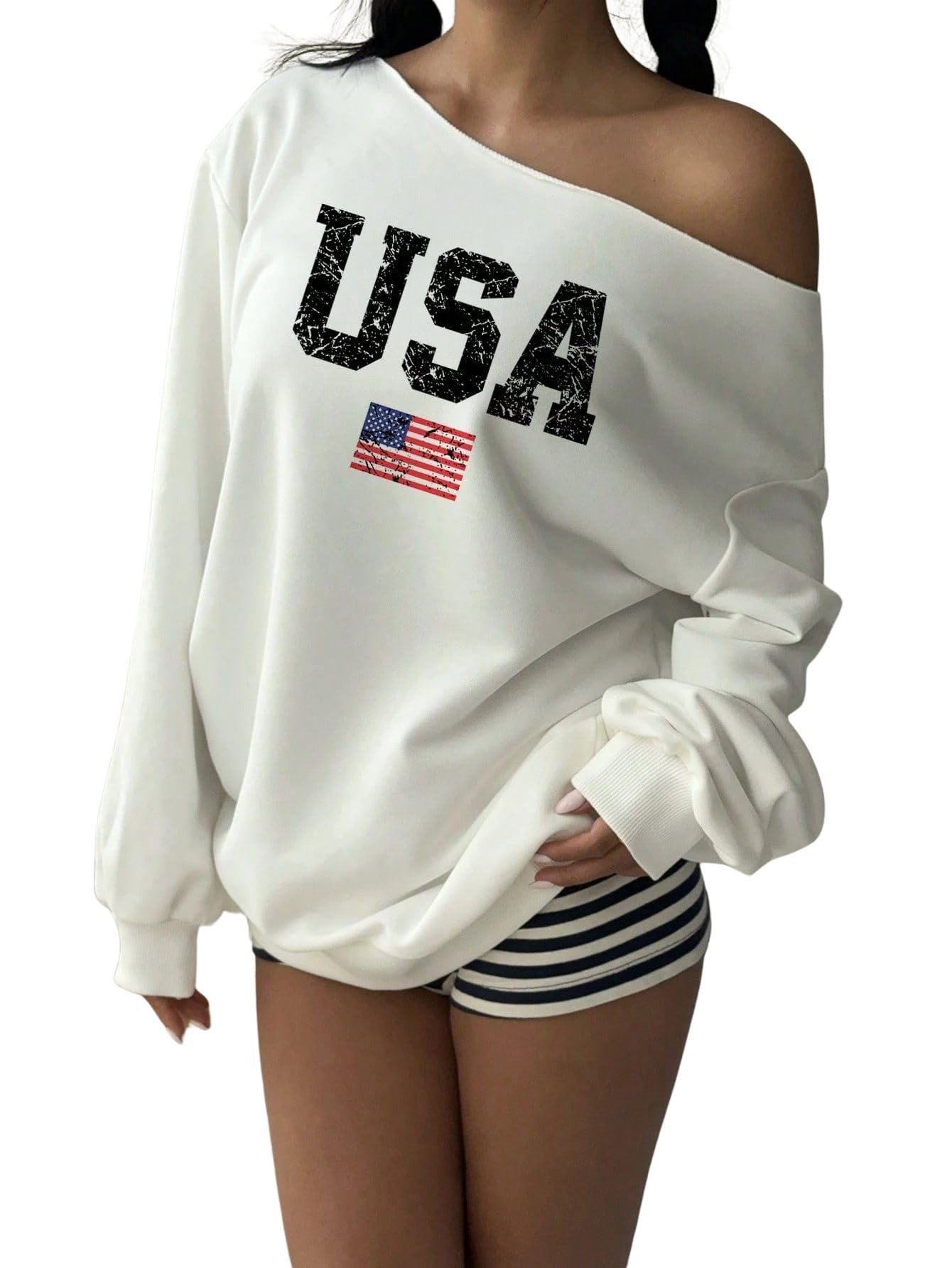 SXV STYLE USA Women's Off Shoulder American Flag & Letter Print Loose Casual Long Sleeve Sweatshirt-picture-16