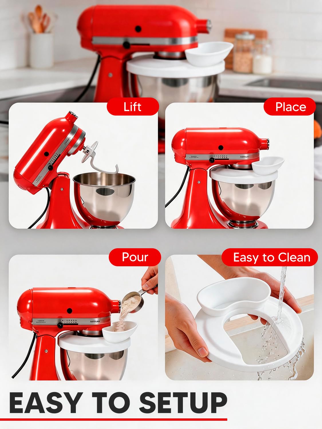 Kitchen Aid - Protector de salpicaduras de silicona para batidora de pie y batidora de cabeza inclinada, 4.5-5 cuartos de galón, escudo de vertido y embudo de harina, accesorios y accesorios de