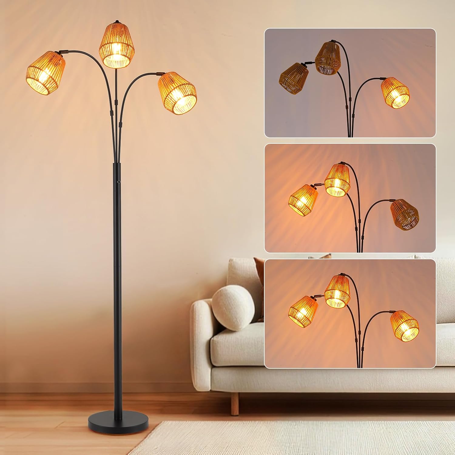 9MMML Vintage Black Arc Floor Lamp with Rotatable Arms & Rattan Lampshade, 3-Light Mode Rotary Switch Adjustable, 72.5'' Tall Standing Lamp for Living Room, Bedroom, E26 Base