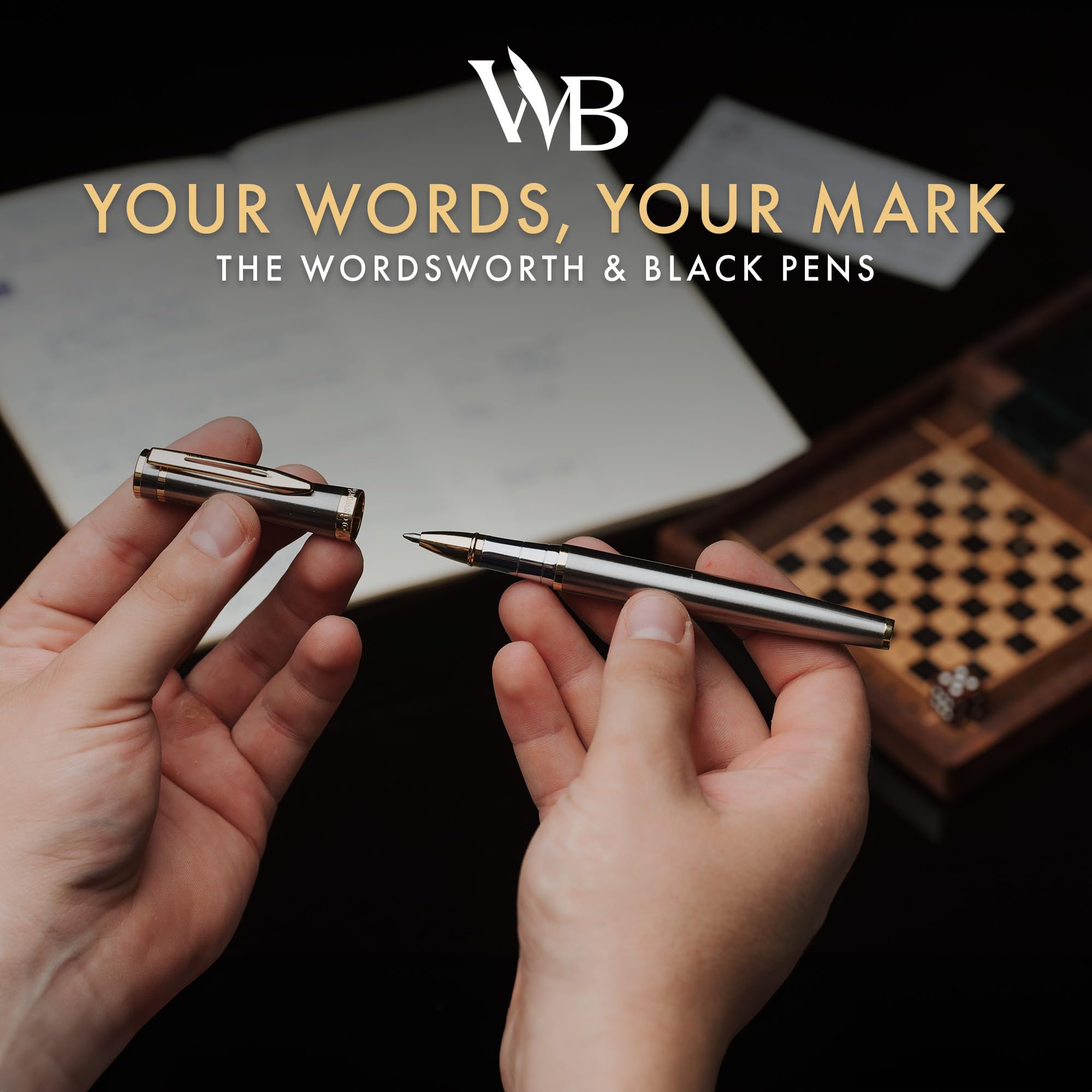 Wordsworth et Black Rollerball Pen - Stylo de Luxe - Finition Or 24K, Laque Argentée, Recharge d'Encre, Rechargeable, Cadeau pour Hommes & Femmes, Écriture Professionnelle, Beaux Stylos Élégants