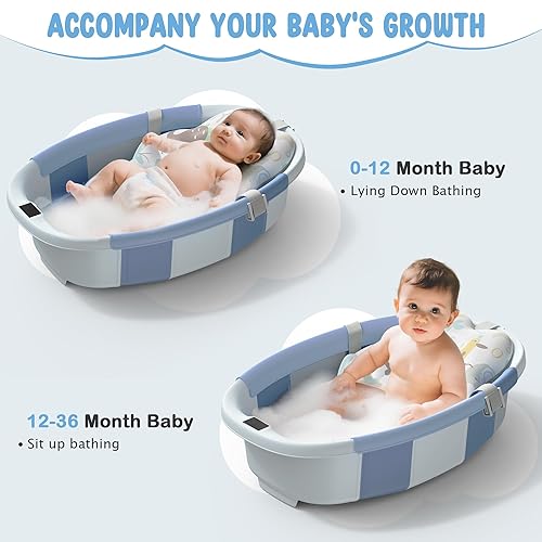 Miniatura 4 de TOSGN Bañera plegable para bebé, 3 segundos para instalar, bañera para bebé con cojín suave y termómetro, bañera para recién nacidos de 0 a 36