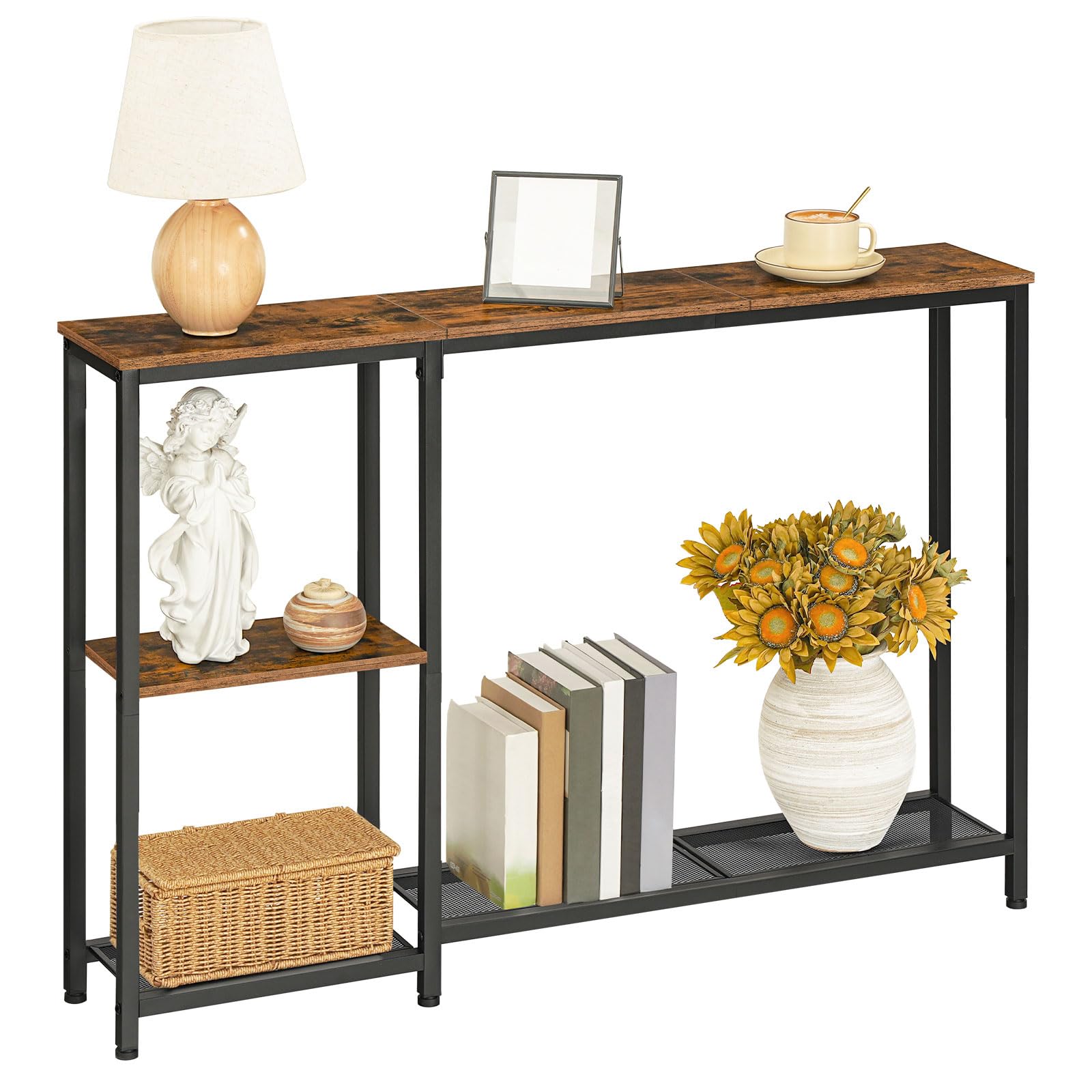 Hoobro Rustic Brown And Black Narrow Console Table, 114 Cm Behind Sofa Table With Shelves, Slim Hallway Table With Storage, Hallway Display Shelf, For Living Room, Foyer, Entryway, Ebf86xg01