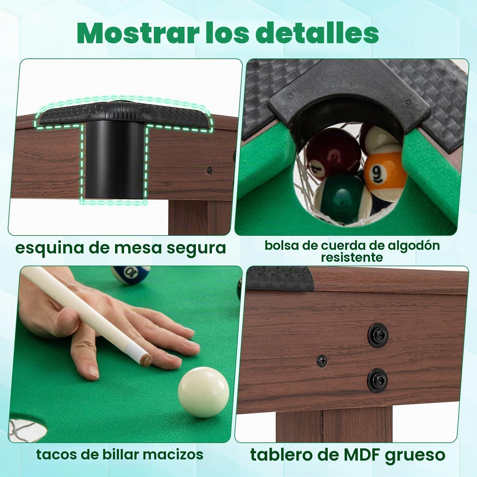 FANTASK Mesa de Billar de Madera con Accesorios, Mesa de Billar con 2 Tacos, 2 tizas y triángulo y Cepillo, Juego de Billar para niños y Adultos, 122 x 61 x 76 cm
