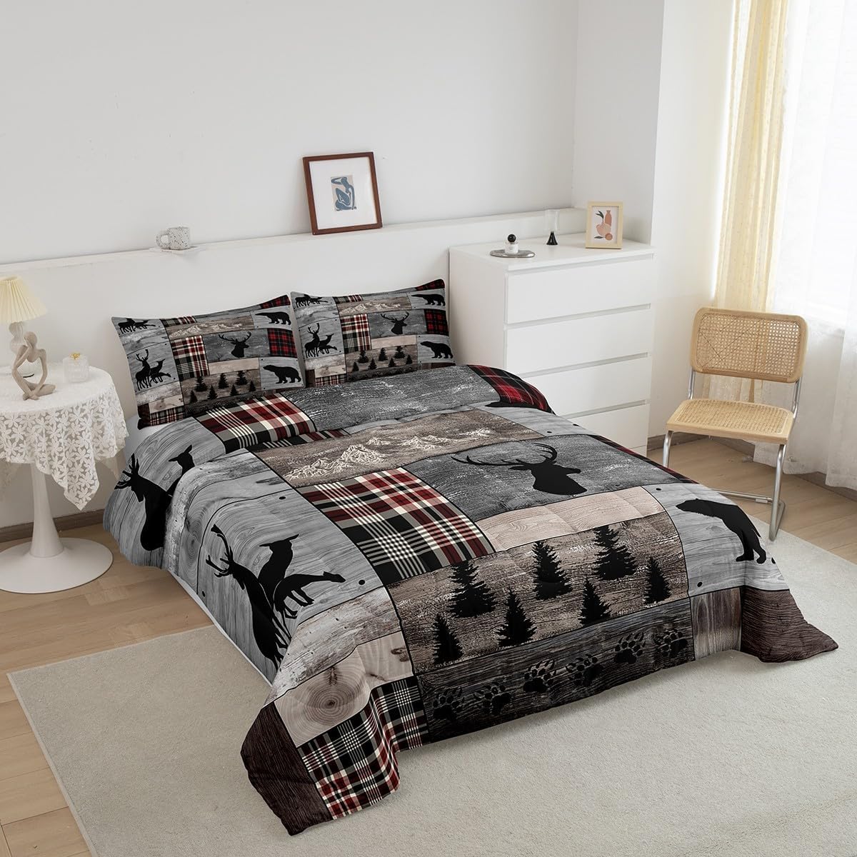 Erosebridal Hunting Deer Bear Comforter Set Queen, Rustic Elk Woodland Animal Bedding Set Farmhouse Cabin Lodge Decor, Retro Wildlife Comforter Red Black Buffalo Plaid Bedding Comforter Sets, Grey - Image 2