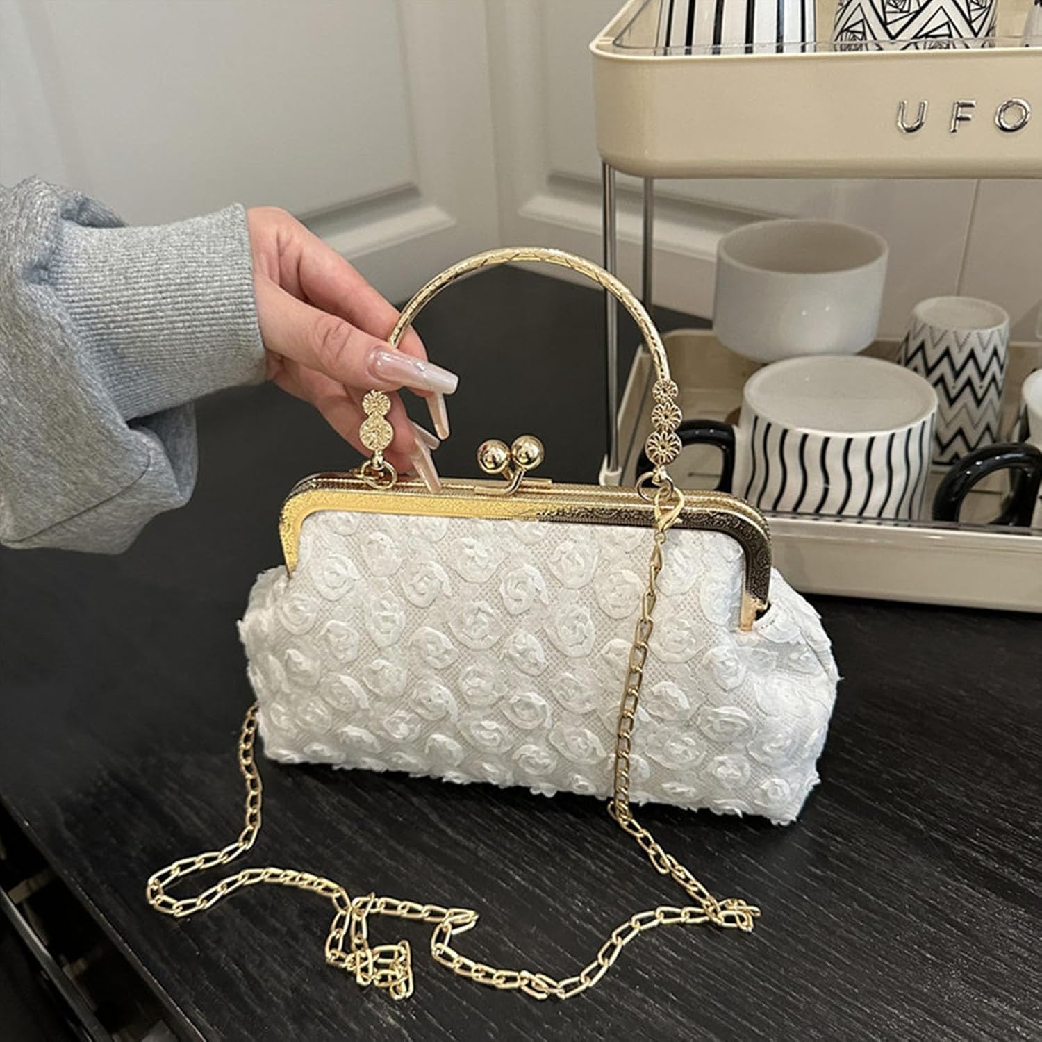 Clutch Purses for Women, Elegant Lace Rose Evening Handbag, Retro Floral Clutch Bag for Wedding Prom Party