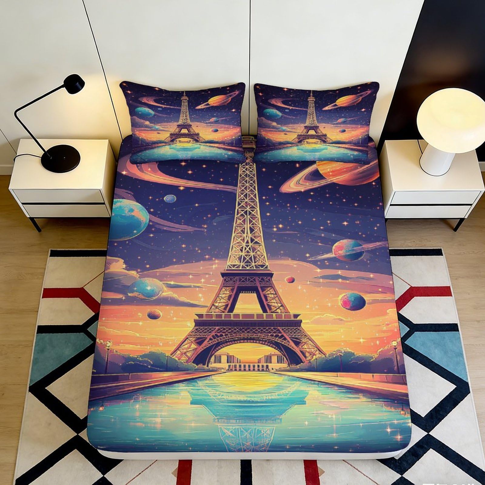 3D Printed Eiffel Tower Galaxy Fitted Sheet Microfiber Vibrant Planet Bed Cover for Bedroom Dorm Mattress Decor 180x200x25cm
