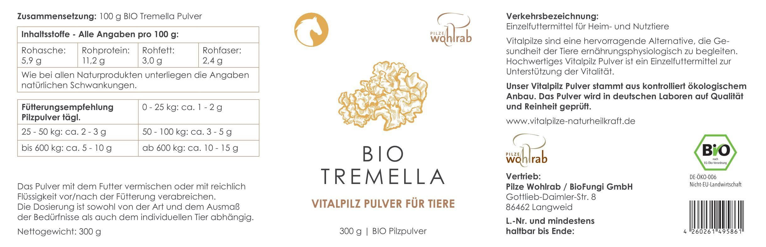 Bio Tremella Pulver für Tiere | 300 g | Reines Vitalpilze Pulver mikrofein | Höchste Bio-Qualität | Vitalpilze Pulver | Dosierung für Tiere | 1 Dose