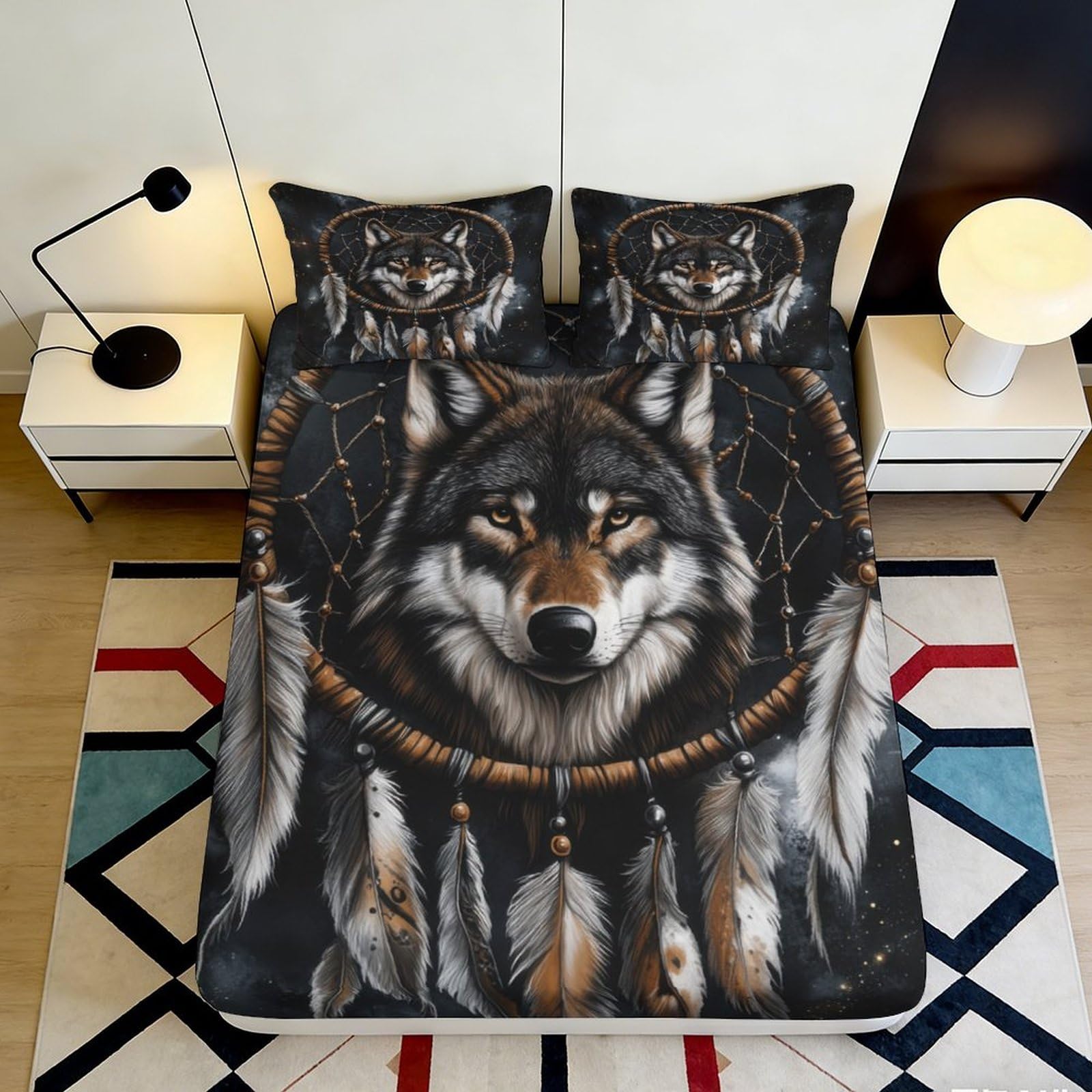 3D Printed Wolf Dreamcatcher Fitted Sheet Microfiber Soft Breathable Native Spirit Bed Cover for Bedroom Guest Room Decor 90x200x25cm