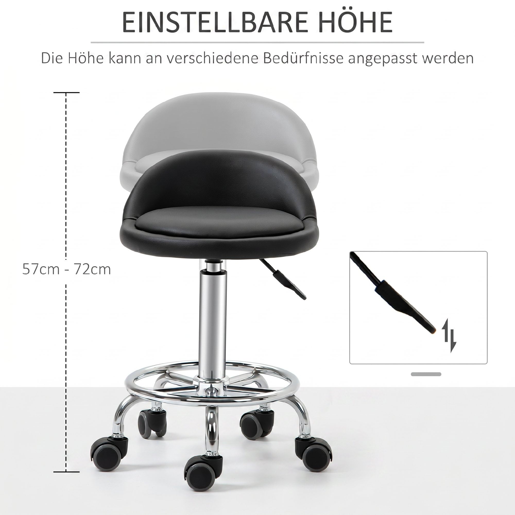 HOMCOM Rollhocker 2er-Set Rückenlehne 57-72 cm Höhenverstellbar Schwarz