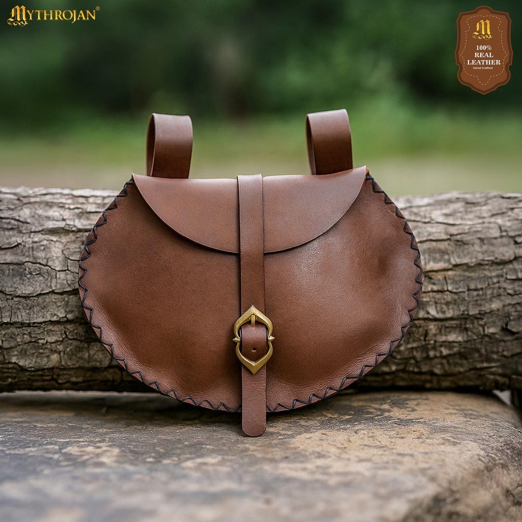 Medieval Leather Belt Bag with Solid Brass Buckle, ideal for SCA LARP reenactment & Ren fair, Full Grain Leather, Brown, 6.5" x 9.5" - Brown - Image 7