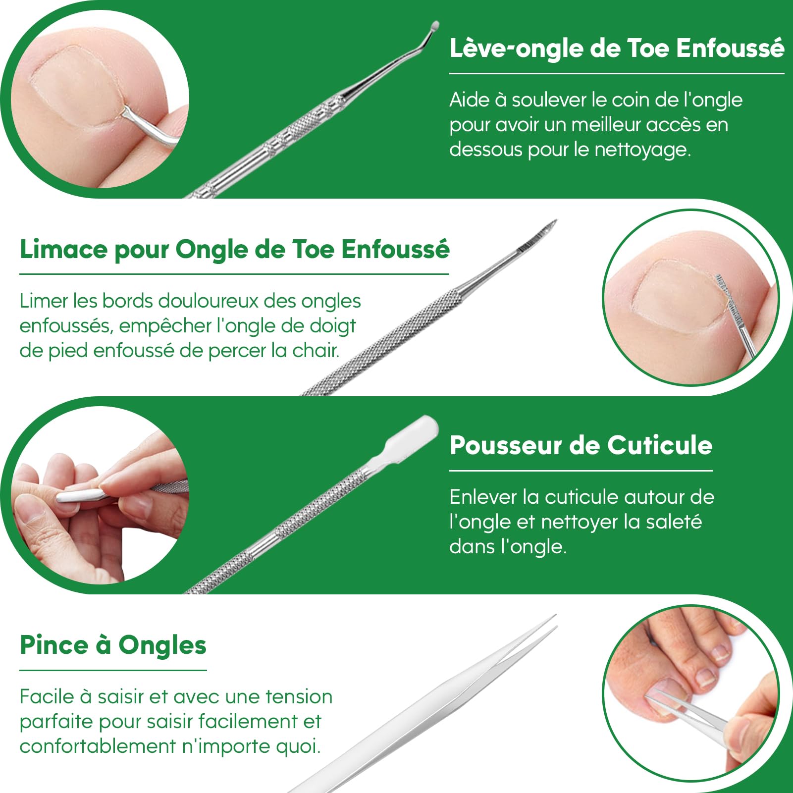 XIFEPFR Kit d'Outils pour Ongle Incarné, Traitement pour Ongle Incarné, Kit de Retrait d'Ongles Incarnés, Correcteur d'Ongle Incarné, Patch Correcteur, Coupe Ongle, Pince Cuticule et Outil de Pédicure