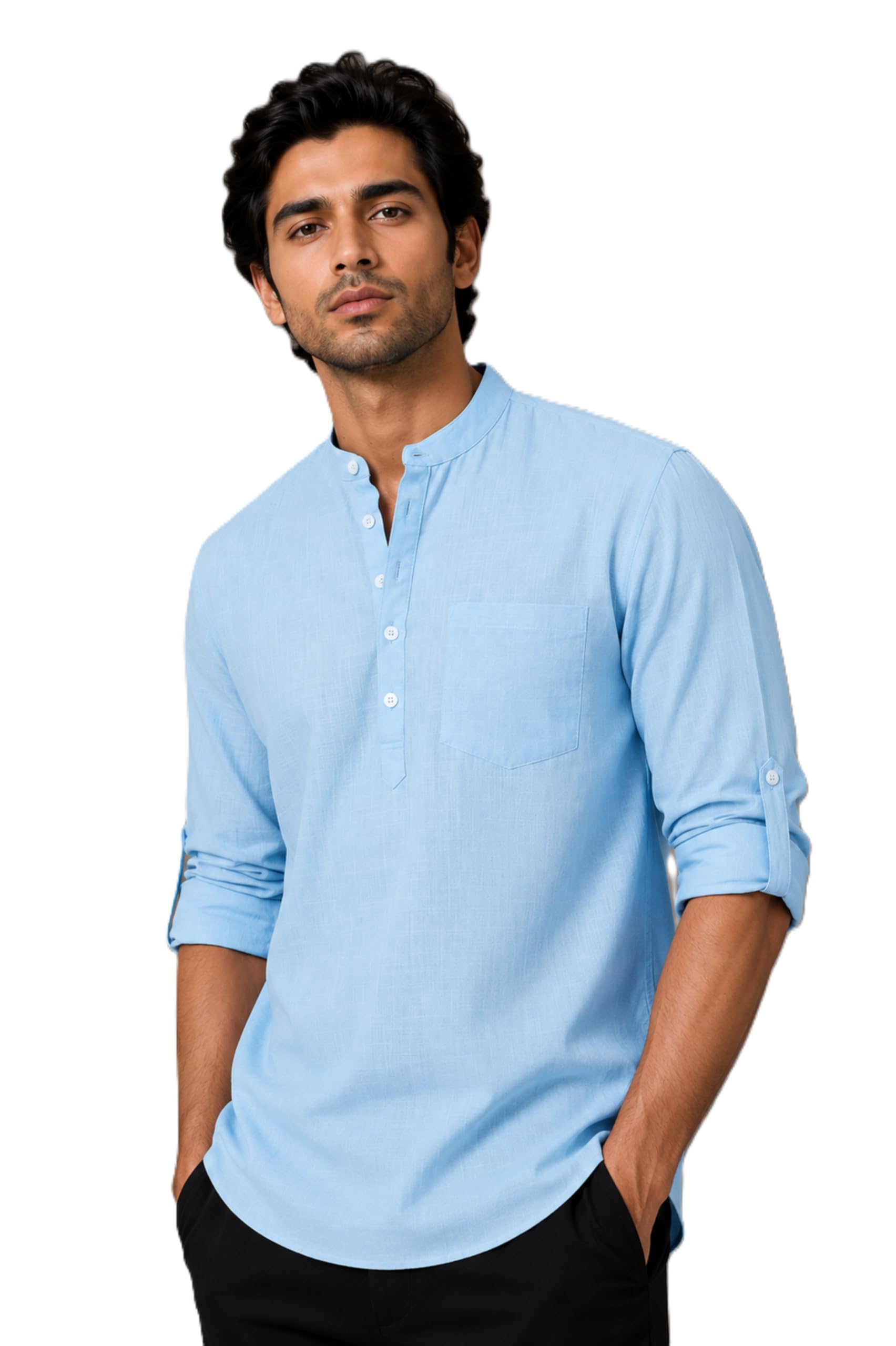 qashida Men's Cotton Linen Blend Relax Fit Short Kurta | Mandarin Collar | Roll-Up Sleeves | Hip Length | Solid Sky Blue-picture-21