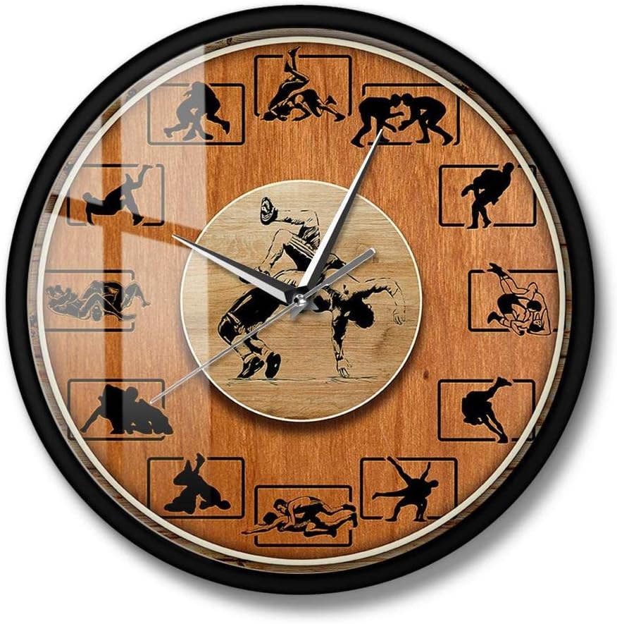 Combat Sport Wrestling Wood Texture Printed Wall Clock Wrestlers Living Room Home Decor Wall Art Silent Clock Wall Watch(Metal Frame)