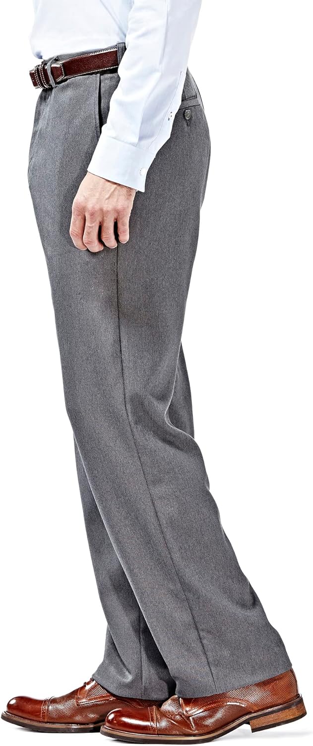Haggar Mens Cool 18 Stria Hidden Expandable Waistband Plain Front Dress Pants, Heather Grey, 32W x 32L US