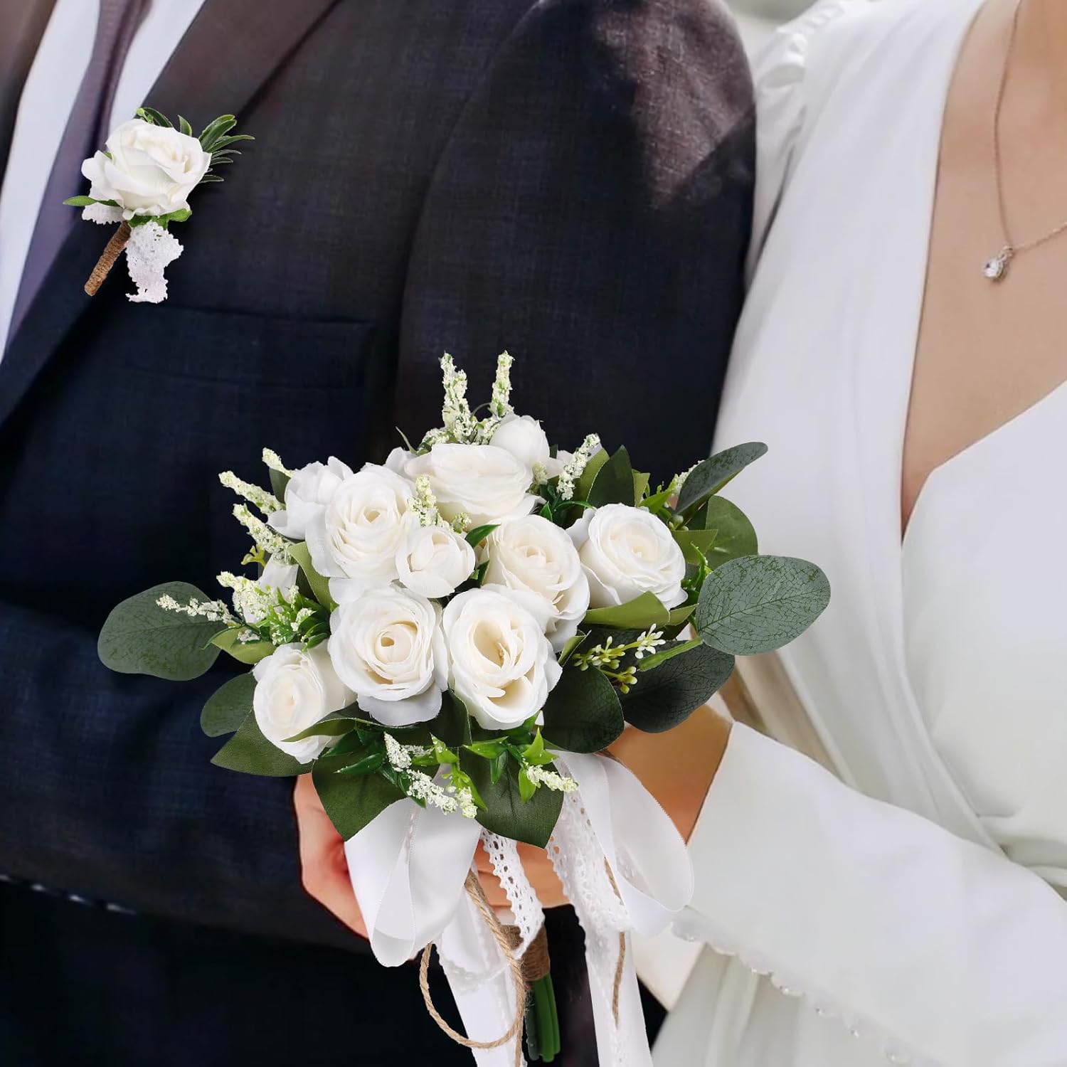 Alupssuc 8inch Wedding Bouquets Set for Bride and Bridesmaid with Groom Boutonniere, Artificial Silk Ivory Rose Flowers, Bridal Bouquet for Wedding Church Decoration - Image 4