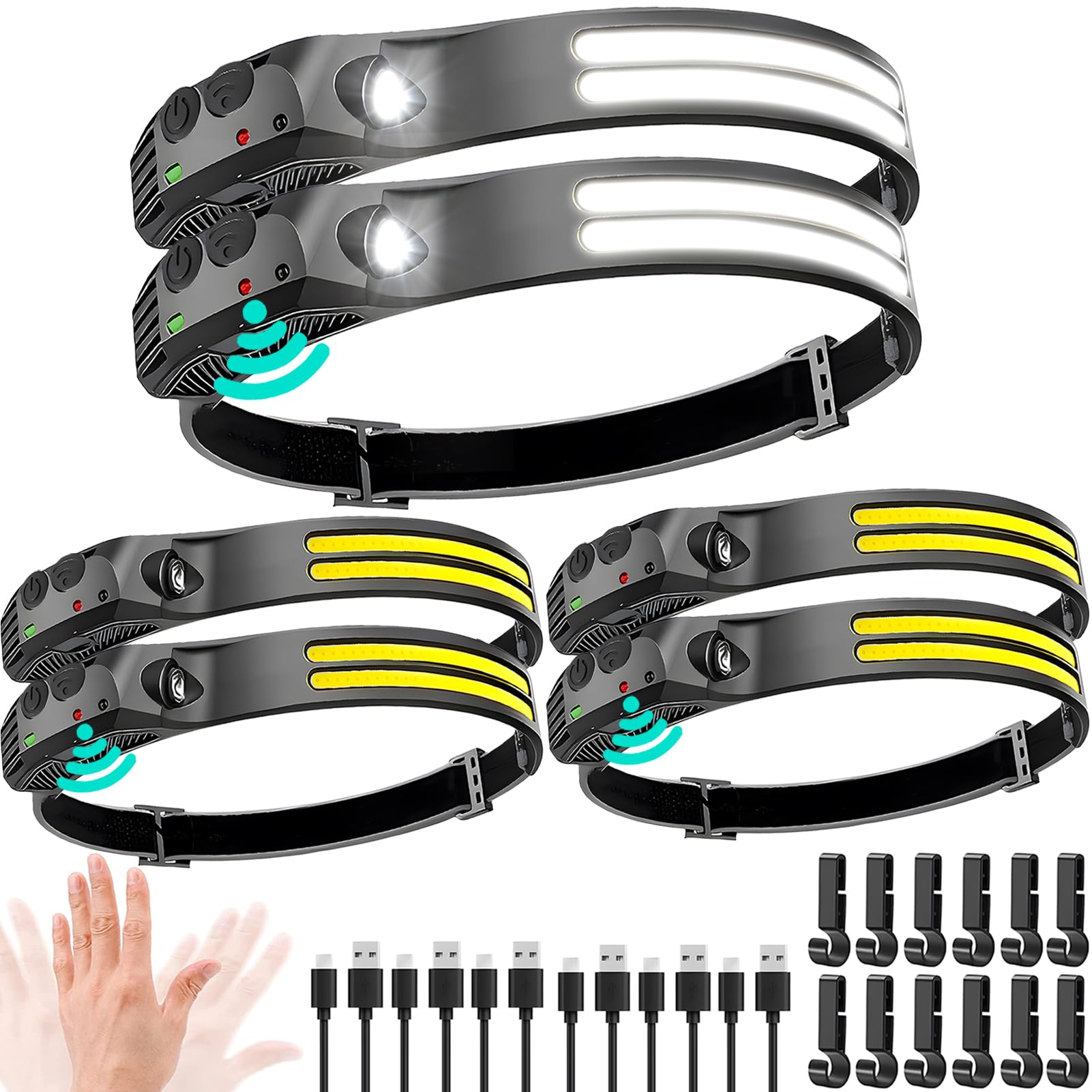 Beccason Torcia frontale a LED ricaricabile, 6 pezzi, COB a 230°, super luminosa, per la fronte, per adulti, con attacco USB C, per lavoro, escursionismo, corsa, campeggio
