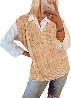 Dellytop Women's V Neck Cable Knit Sweater Vest Sleeveless Knitwear Tank Tops