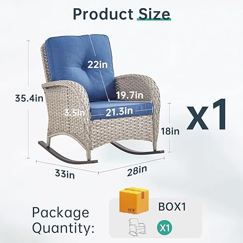 Miniatura 2 de Mecedora para patio mecedora de mimbre para exteriores con cojín extraíble, capacidad de peso de 300 libras, asiento mecedor de ratán para balcón,