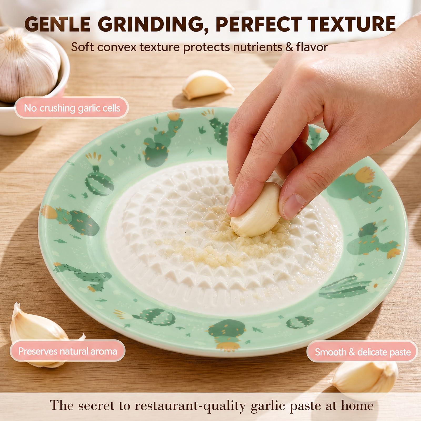 Garlic Grater Plate Set including Brush and Peeler, Dishwasher Microwave Safe, Green Cactus - Image 7