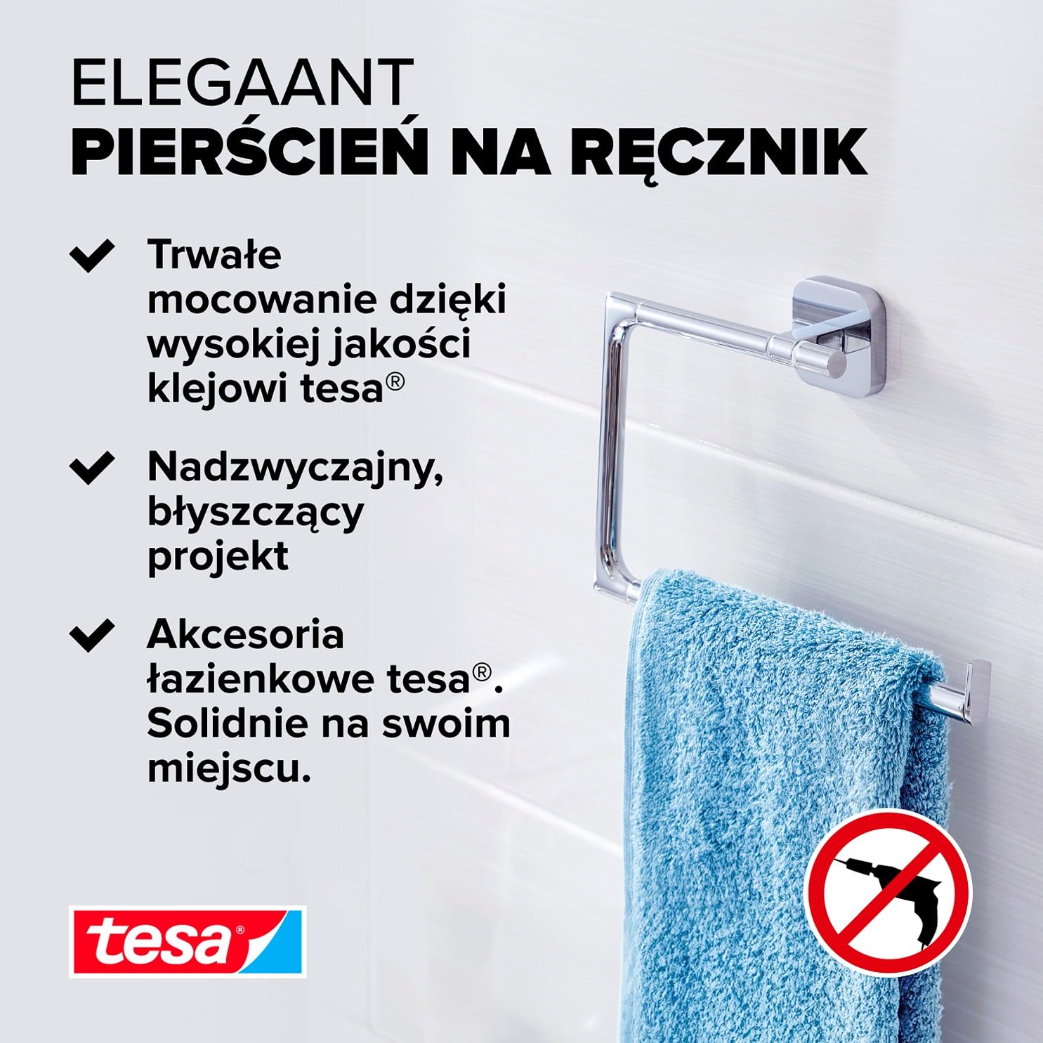 tesa ELEGAANT wieszak na ręczniki – samoprzylepny, metalowy pierścień ręcznikowy do łazienki – chromowany metal – prosty montaż – 156 mm x 185 mm x 45 mm