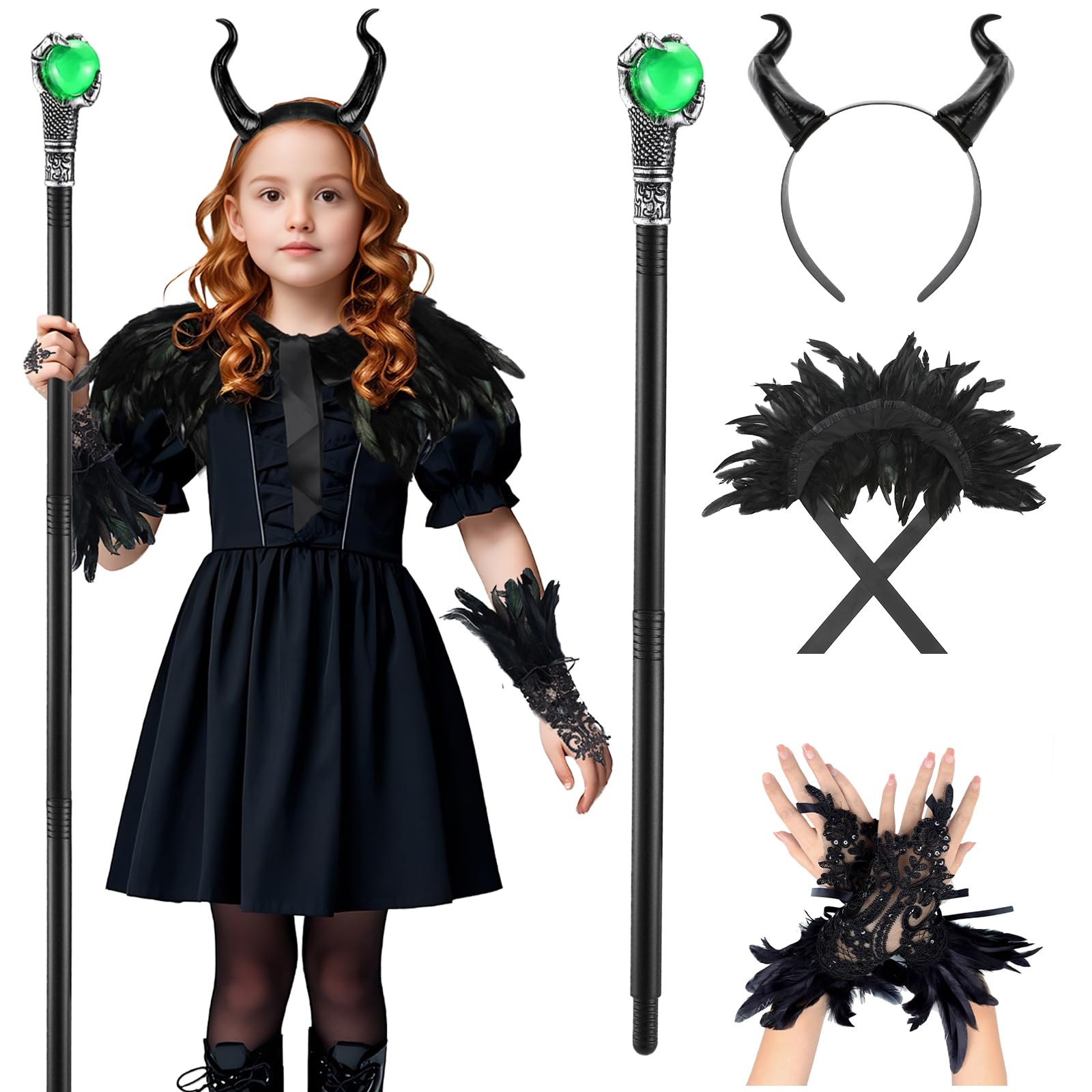 Dacnod Gothic Feather Cape Black Shrug Shawl with Gothic Wrist Cuffs Wristband Black Horns Headband Staff Carnival Halloween Cosplay Christmas Party Dress Up Accessory