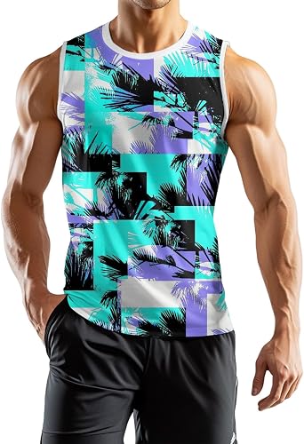 Mens Beach Tank Tops Sleeveless Hawaiian Shirts for Men Summer Palm Tree Graphic Workout Gym Tshirts