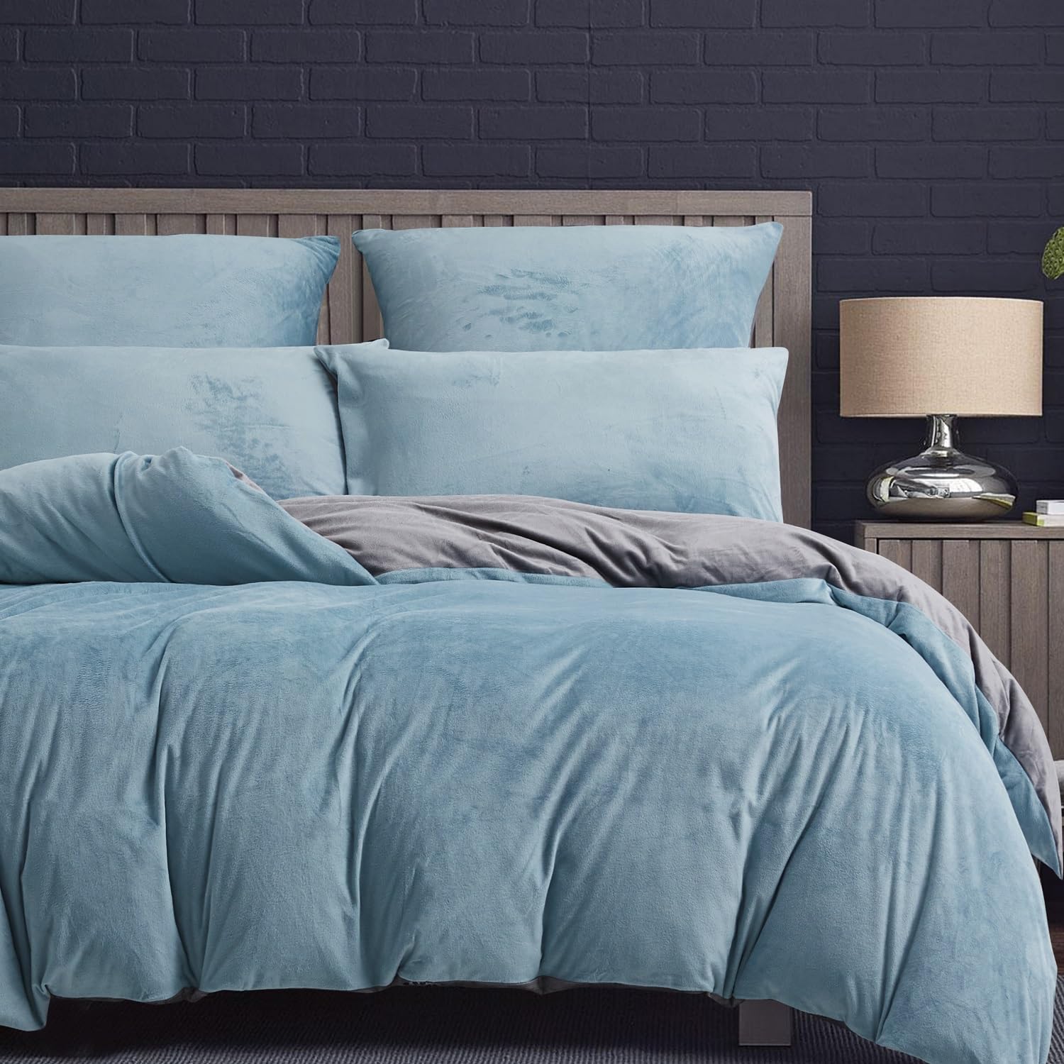 Funda de edredón de invierno de 220 x 240 cm, cálida de franela con tacto de cachemir de terciopelo azul claro y gris, suave con cremallera, ropa de cama de 2 plazas con 2 fundas de almohada de 65 x