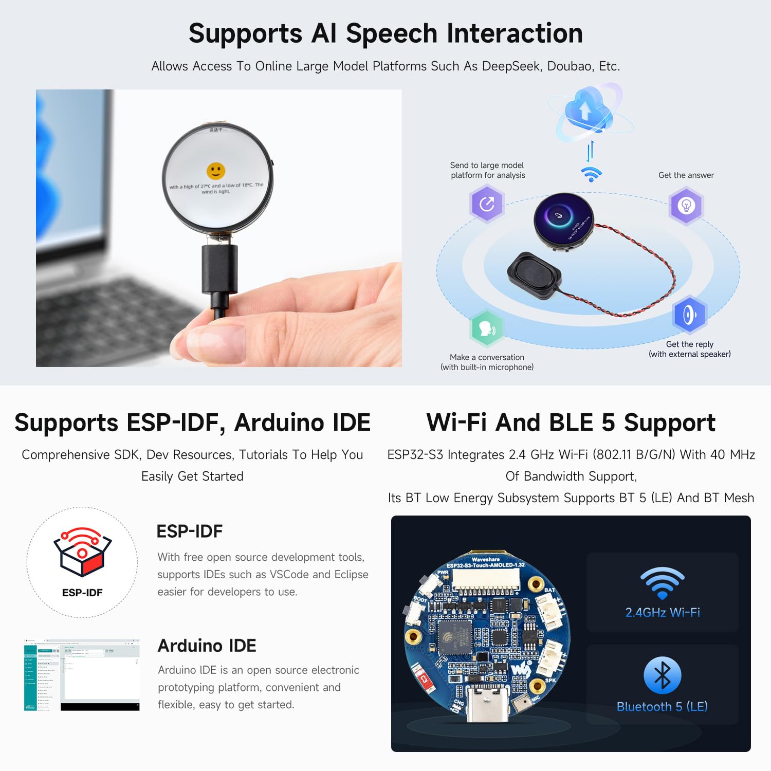 Waveshare ESP32-S3 1.32inch AMOLED Round Touch Display Development Board, 466x466 Pixels, QSPI Interface, Supports Wi-Fi and BT 5