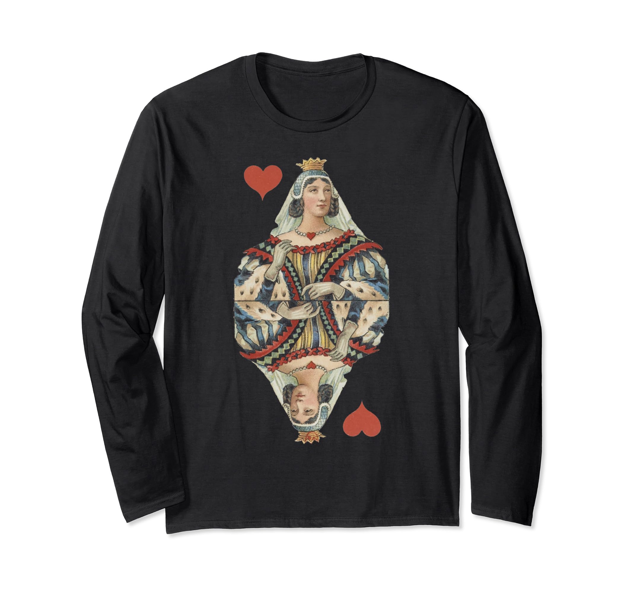 Queen of Hearts French Art Nouveau Deco Painted Playing Card Long Sleeve T-Shirt, Black