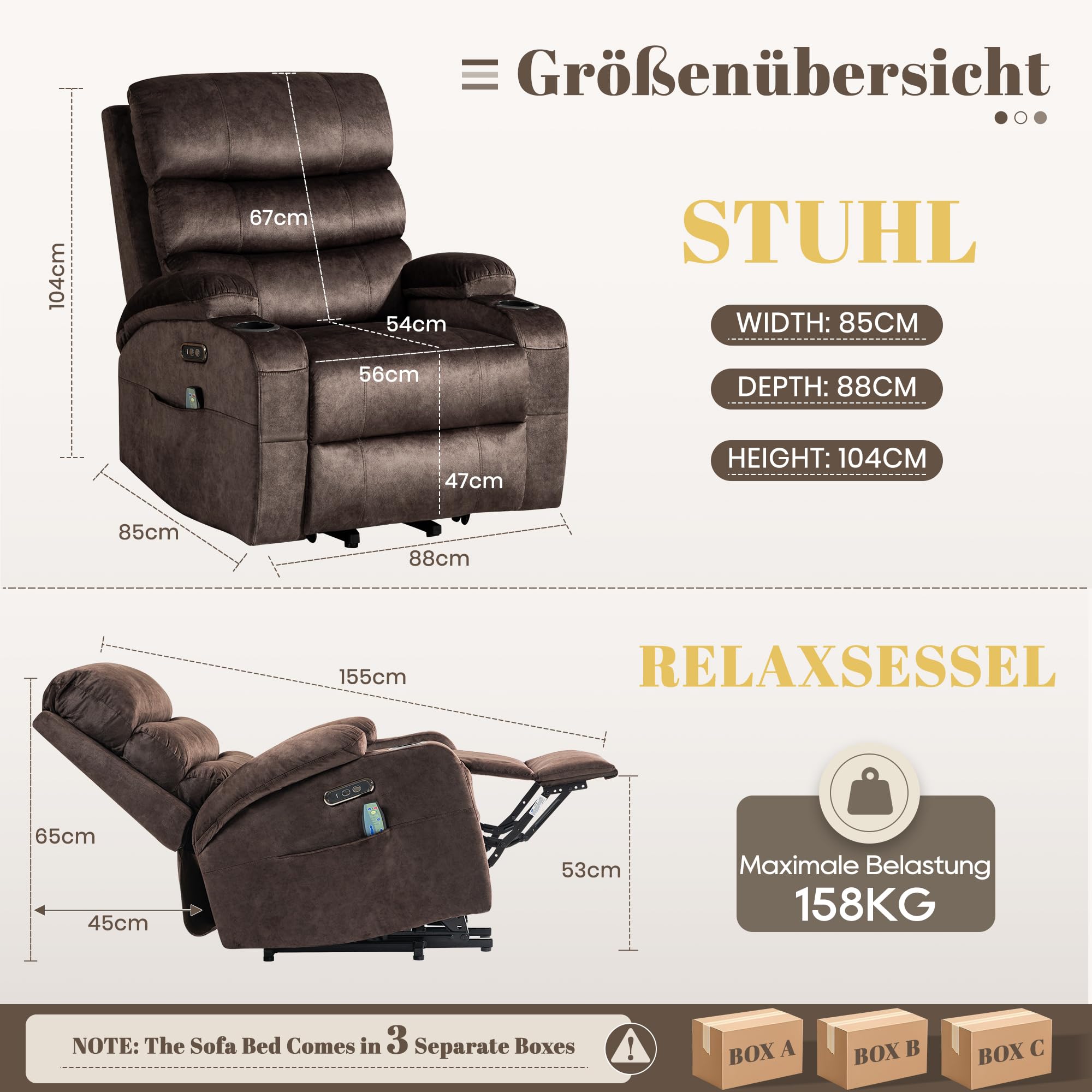 Elektrischer Aufstehsessel für Senioren, Relax- & Fernsehsessel mit Aufstehhilfe, stufenloser Liegefunktion, Massage & Heizfunktion, USB & Typ-C, Seitentaschen, Getränkehalter (Braun)