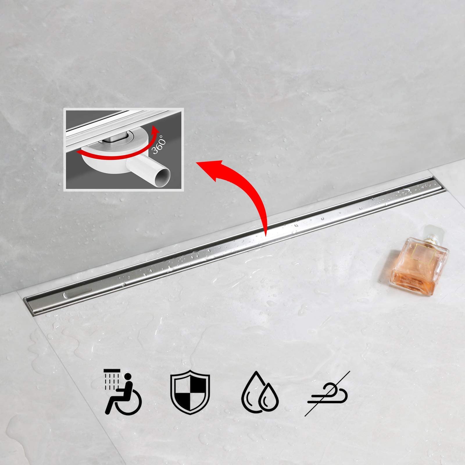 SaniteModar Canalina Scarico Doccia 80cm, Canaletta Doccia con 360° Sifone e Filtro, Pannello Stretto